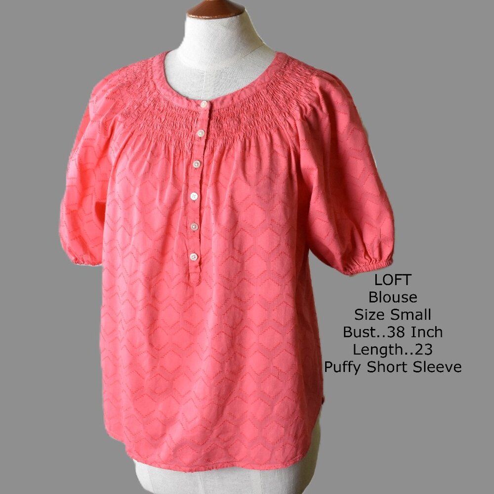 LOFT Blouse S Orange Button Front Puffy Short Sleeve Machine Wash BIN 5
